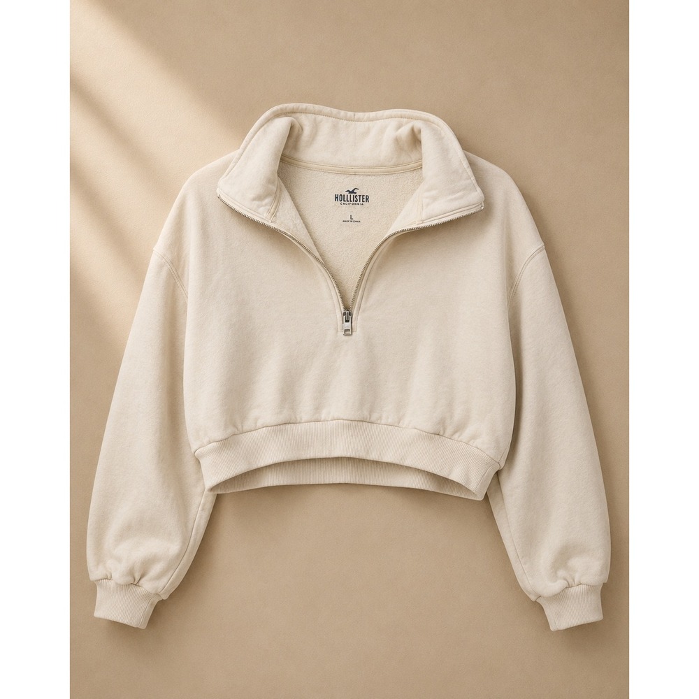 Hollister Women Sweatshirt L Cream Cropped Quarter-Zip Fleece Pullover